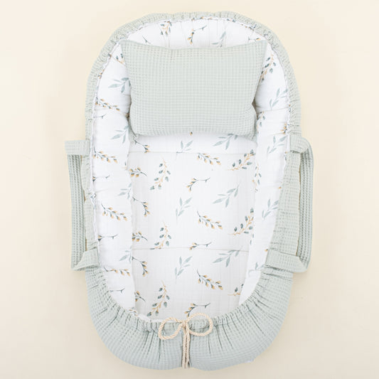 Babynest and Pillow - Çift Taraflı - Açık Yeşil Petek - Yapraklar