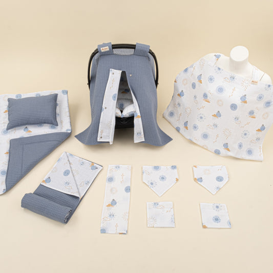 11 Piece - Newborn Sets - Double Sided - Winter - Açık İndigo Petek - Mavi Güneş