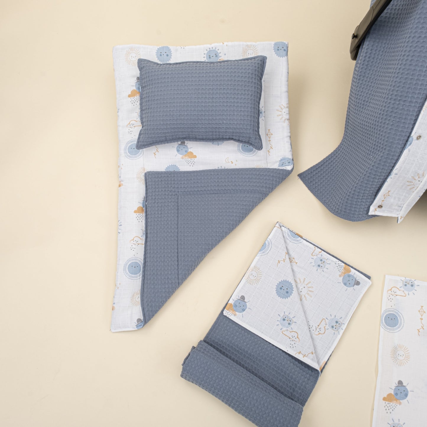 11 Piece - Newborn Sets - Double Sided - Winter - Açık İndigo Petek - Mavi Güneş