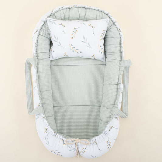 Babynest and Pillow - Çift Taraflı - Açık Yeşil Petek - Yapraklar