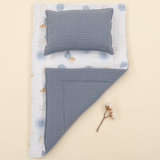 Double Sided Changing Pad and Pillow - Açık İndigo Petek - Mavi Güneş