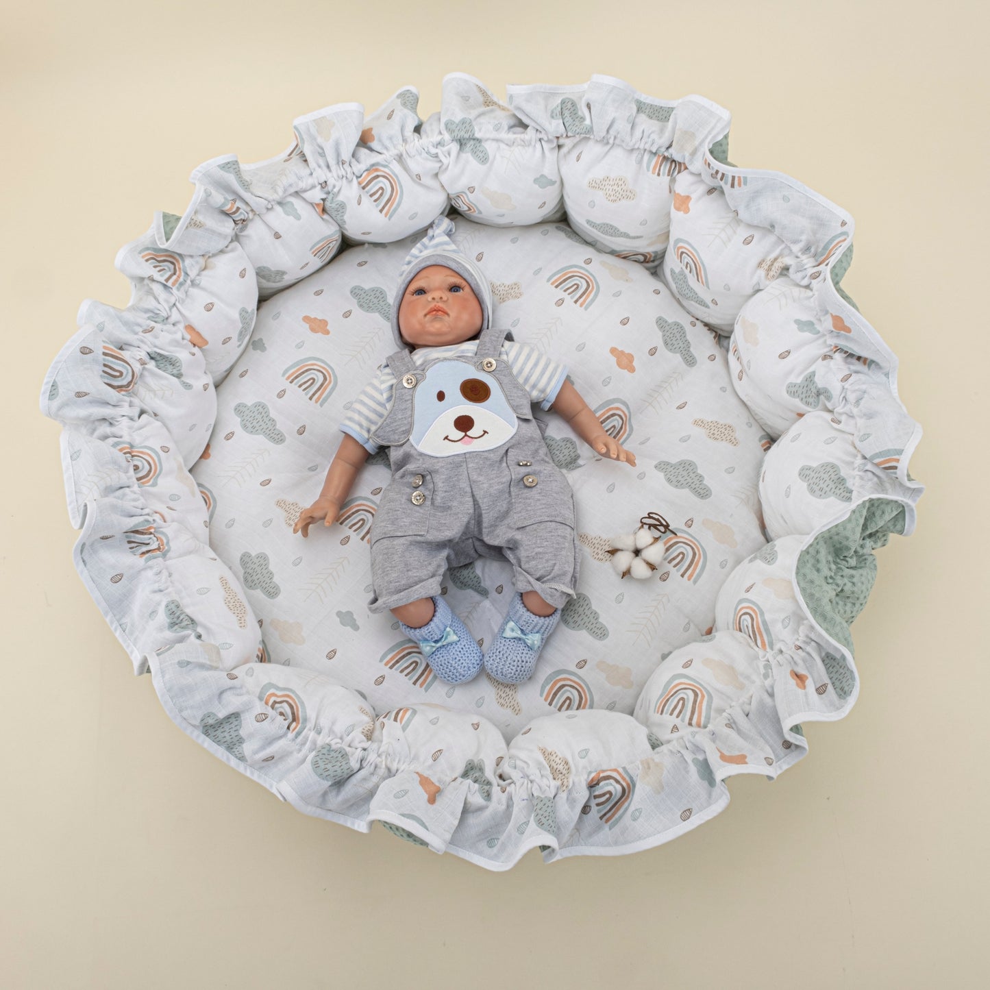 Round Babynest - Çift Taraflı - Yeşil Petek - Gökkuşağı