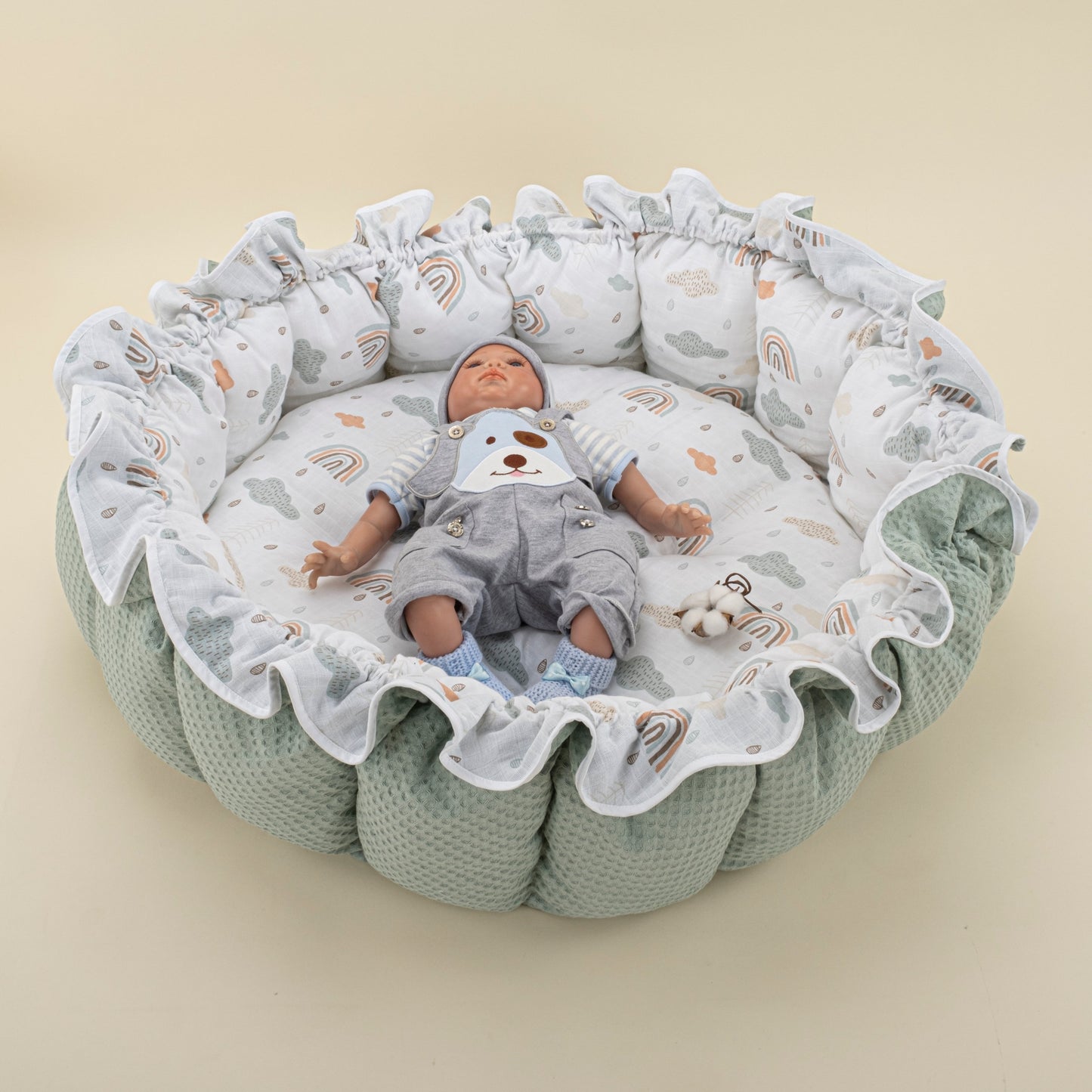 Round Babynest - Çift Taraflı - Yeşil Petek - Gökkuşağı