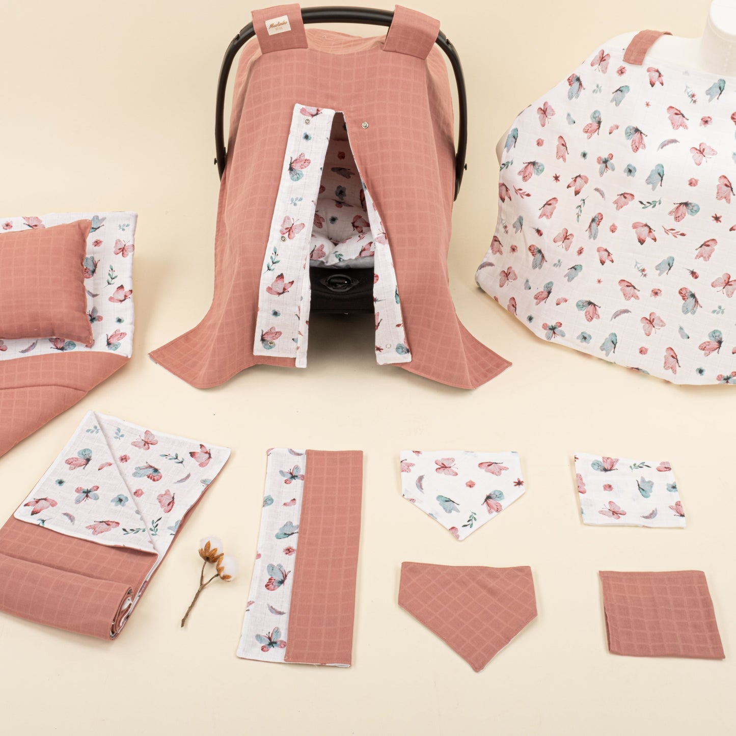 11 Piece - Newborn Sets - Double Sided - Seasonal - Gül Kurusu Muslin - Kelebekler