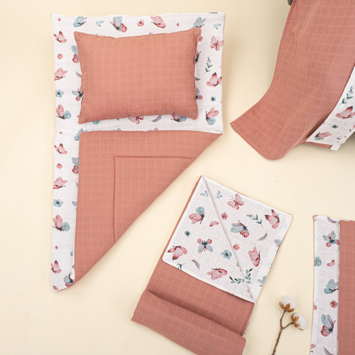 11 Piece - Newborn Sets - Double Sided - Seasonal - Gül Kurusu Muslin - Kelebekler