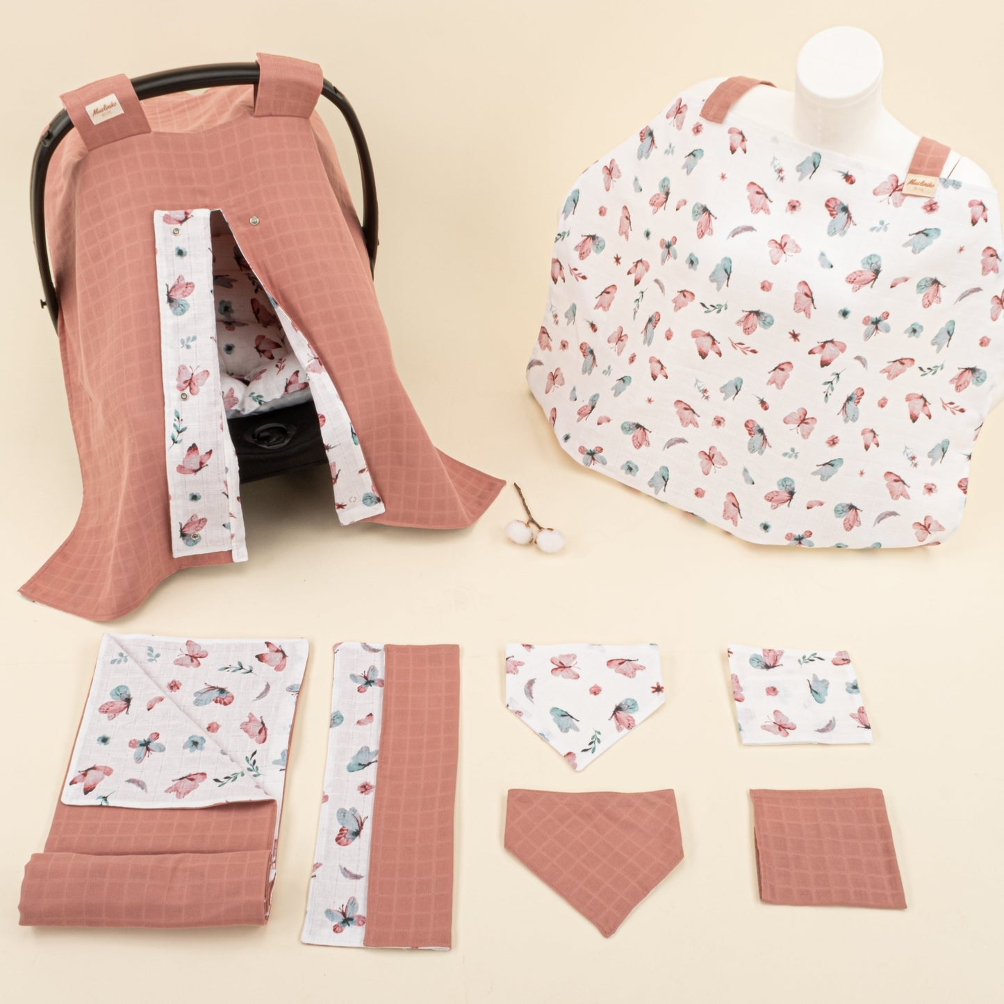 9 Piece - Newborn Sets - Double Sided - Seasonal - Gül Kurusu Muslin - Kelebekler