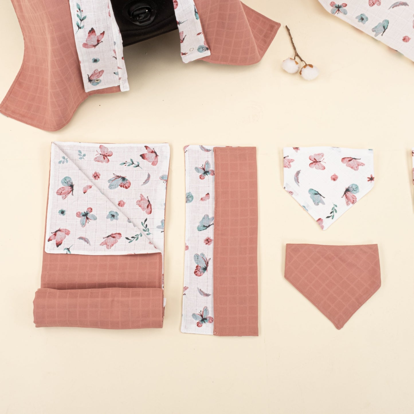 9 Piece - Newborn Sets - Double Sided - Seasonal - Gül Kurusu Muslin - Kelebekler