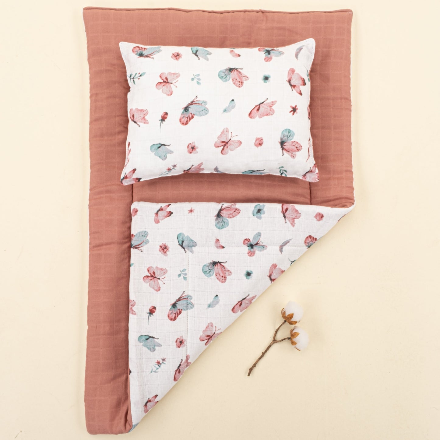 Double Sided Changing Pad and Pillow - Gül Kurusu Muslin - Kelebekler