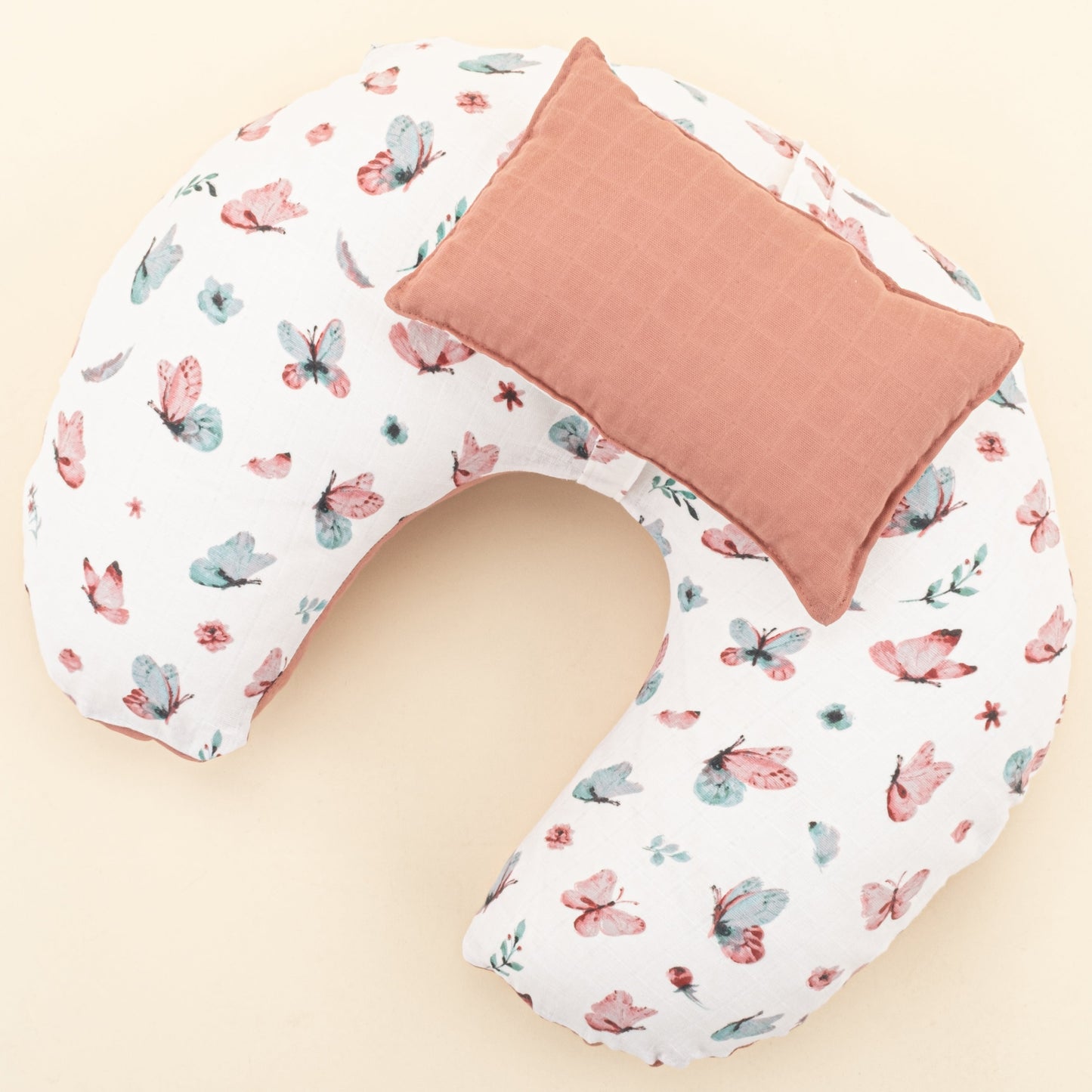 Double Sided Breastfeeding Pillow - Gül Kurusu Muslin - Kelebekler