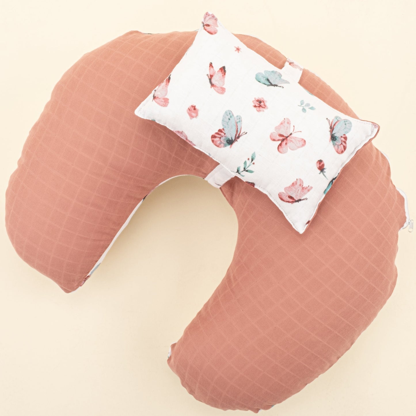 Double Sided Breastfeeding Pillow - Gül Kurusu Muslin - Kelebekler