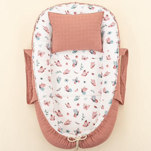 Babynest and Pillow - Çift Taraflı - Gül Kurusu Muslin - Kelebekler