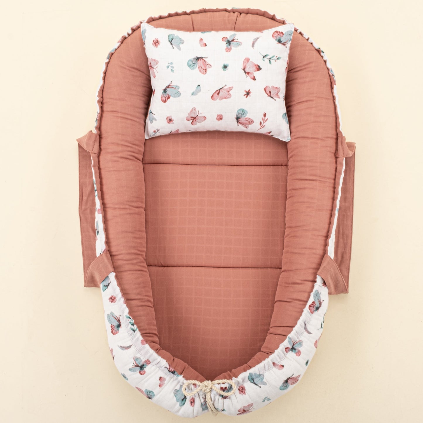 Babynest and Pillow - Çift Taraflı - Gül Kurusu Muslin - Kelebekler