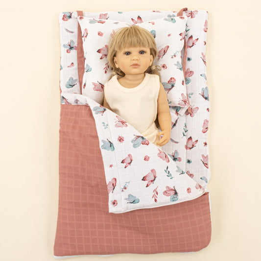 Sleeping Bag and Head Shaping Pillow - Gül Kurusu Muslin - Kelebekler