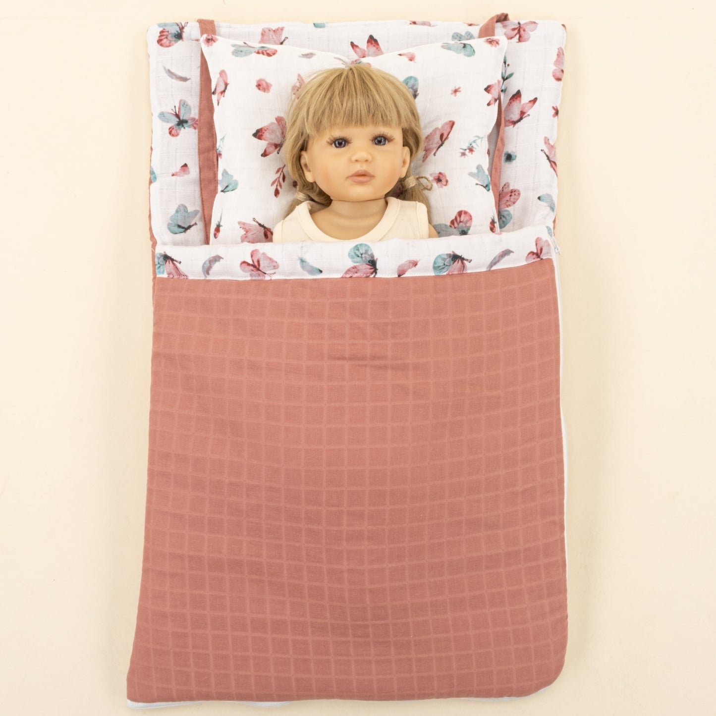 Sleeping Bag and Head Shaping Pillow - Gül Kurusu Muslin - Kelebekler