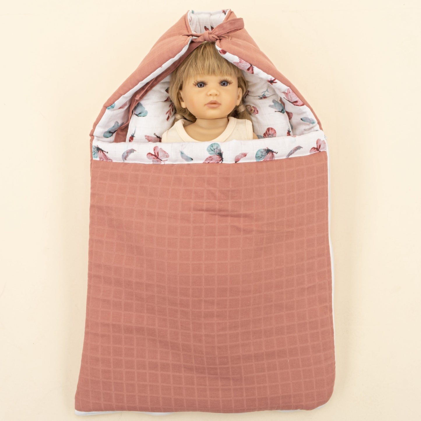 Sleeping Bag and Head Shaping Pillow - Gül Kurusu Muslin - Kelebekler