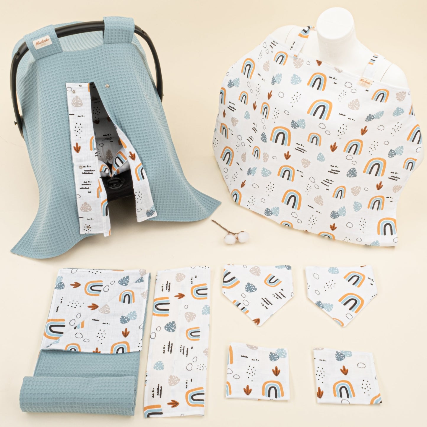 9 Piece - Newborn Sets - Double Sided - Winter - Petrol Mavisi Petek - Petrol Mavisi Gökkuşağı