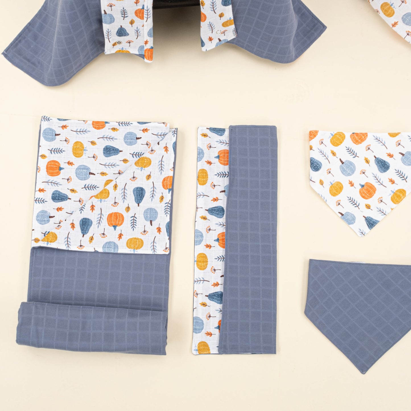 9 Piece - Newborn Sets - Double Sided - Seasonal - İndigo Muslin - Mavi Balkabağı