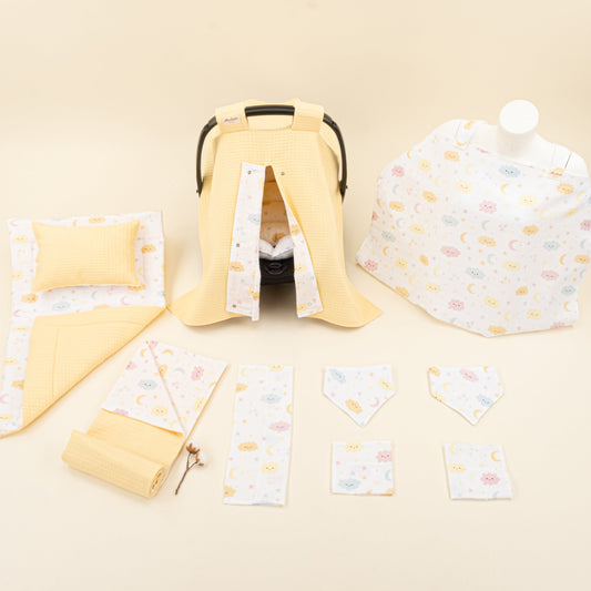 11 Piece - Newborn Sets - Double Sided - Winter - Sarı Petek - Sarı Bulut