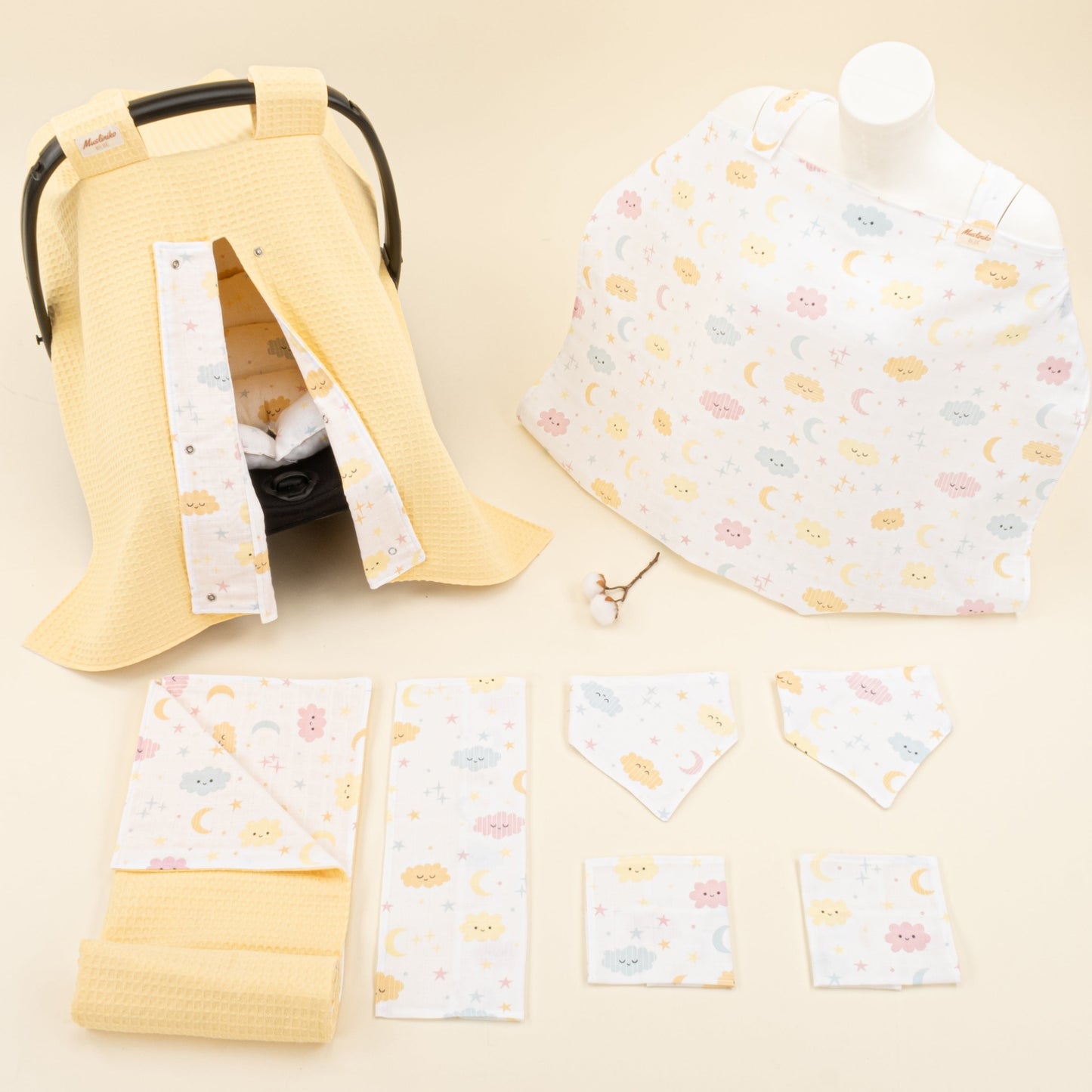 9 Piece - Newborn Sets - Double Sided - Winter - Sarı Petek - Sarı Bulut