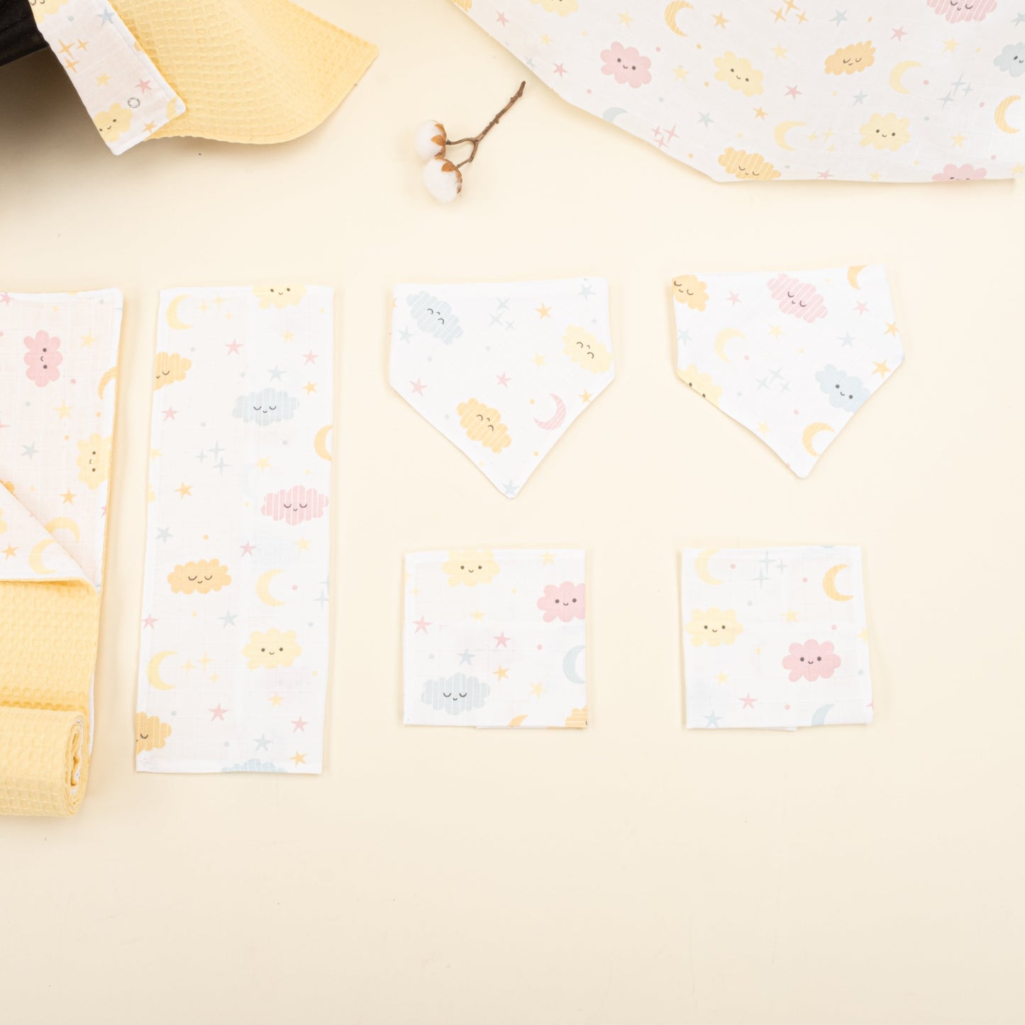 9 Piece - Newborn Sets - Double Sided - Winter - Sarı Petek - Sarı Bulut