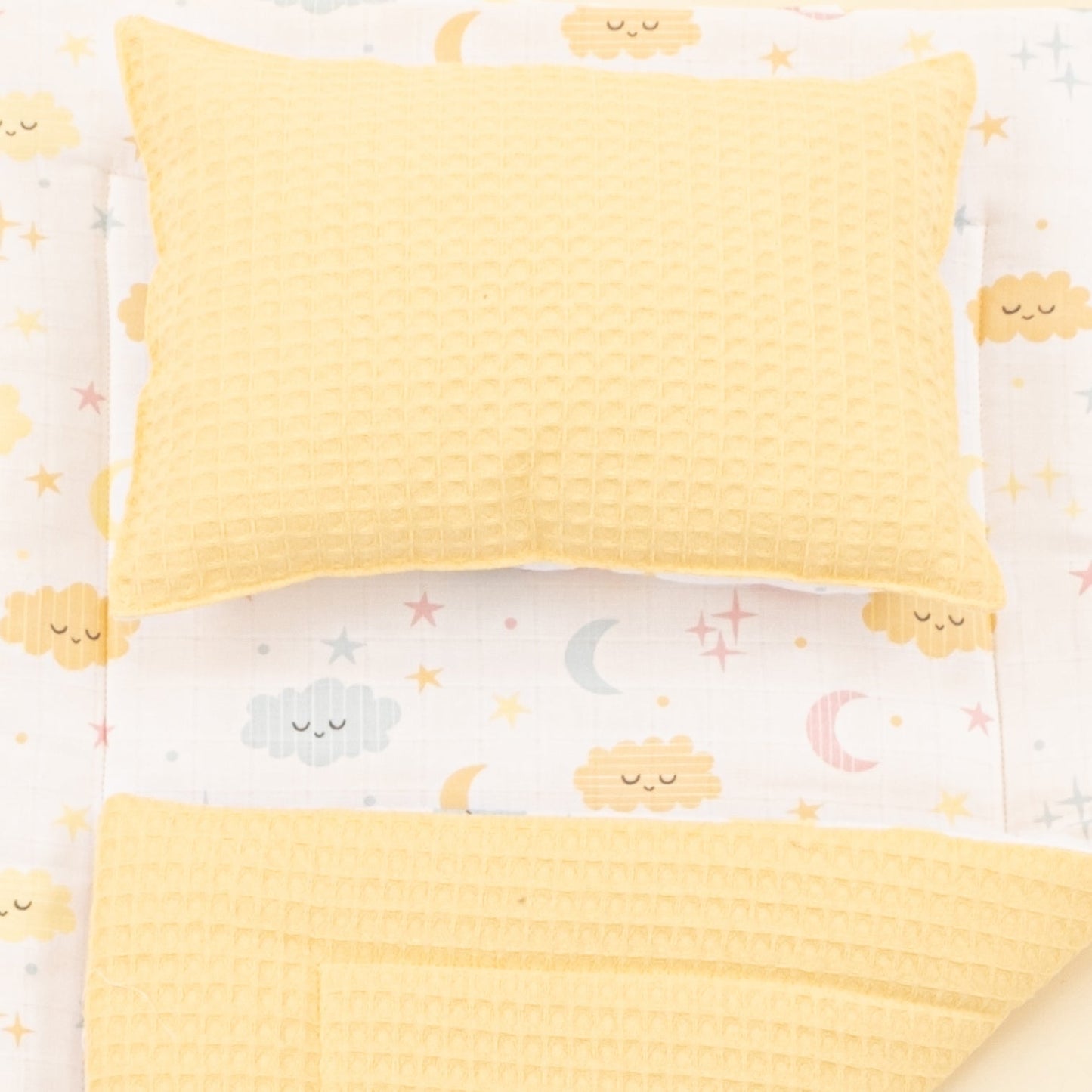 Double Sided Changing Pad and Pillow - Sarı Petek - Sarı Bulut