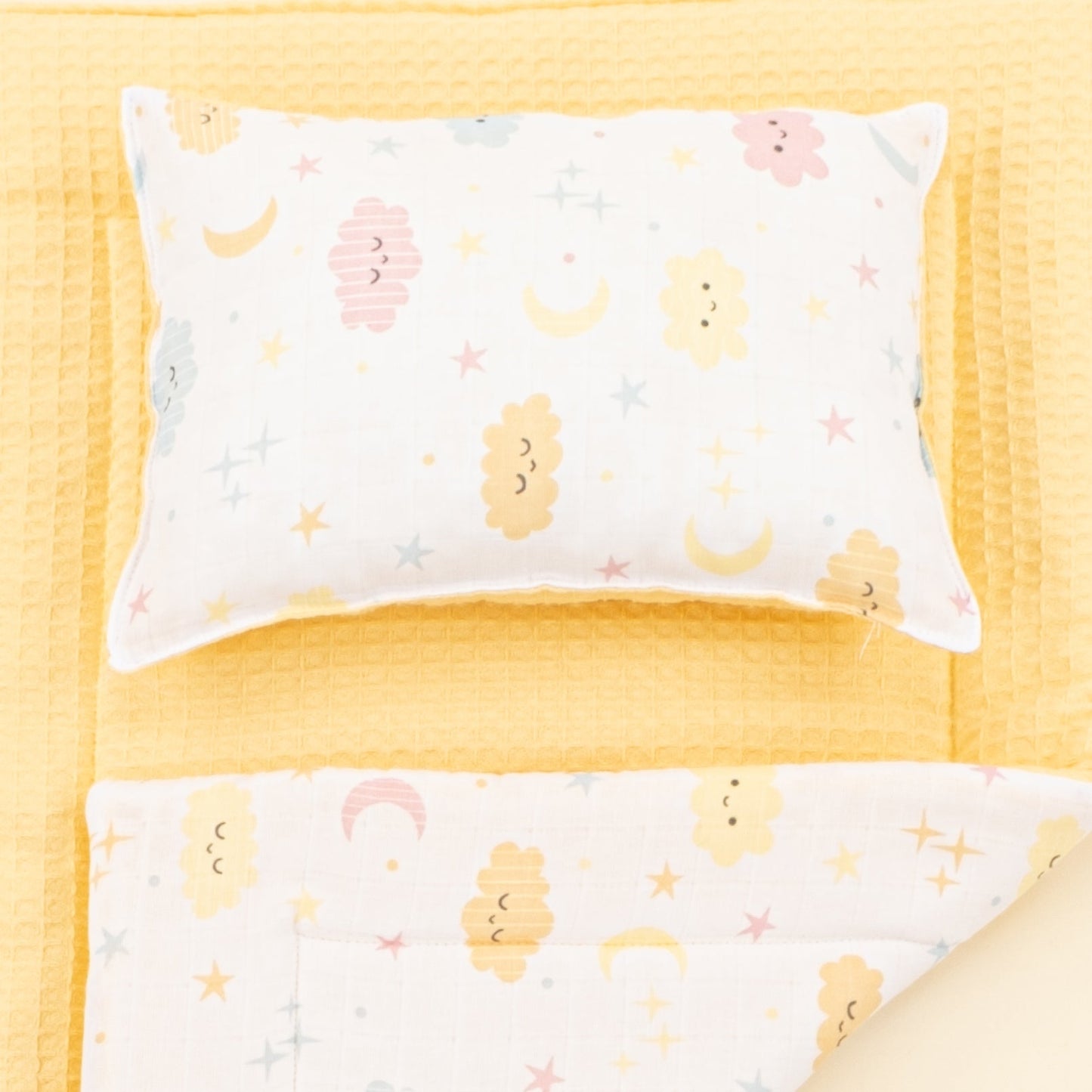 Double Sided Changing Pad and Pillow - Sarı Petek - Sarı Bulut