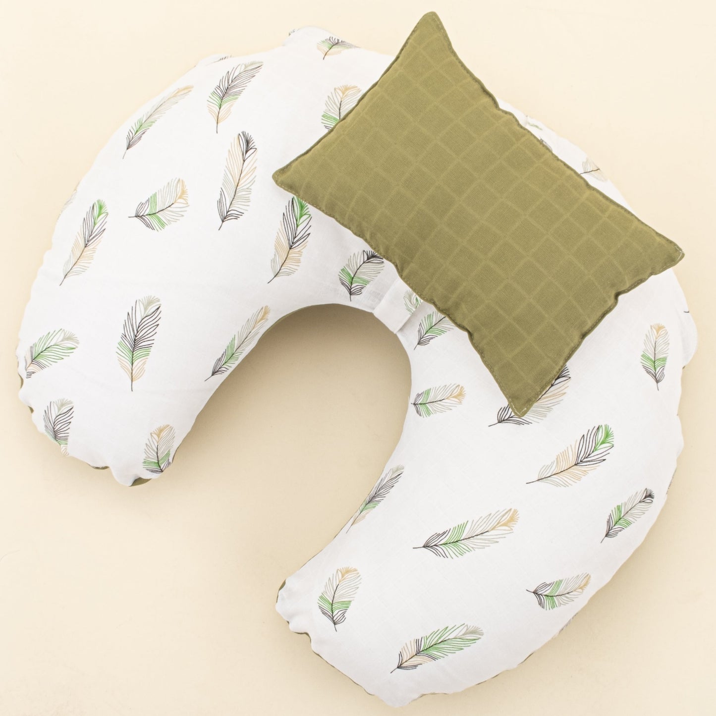 Double Sided Breastfeeding Pillow - Koyu Fıstık Yeşili Muslin - Yeşil Tüy