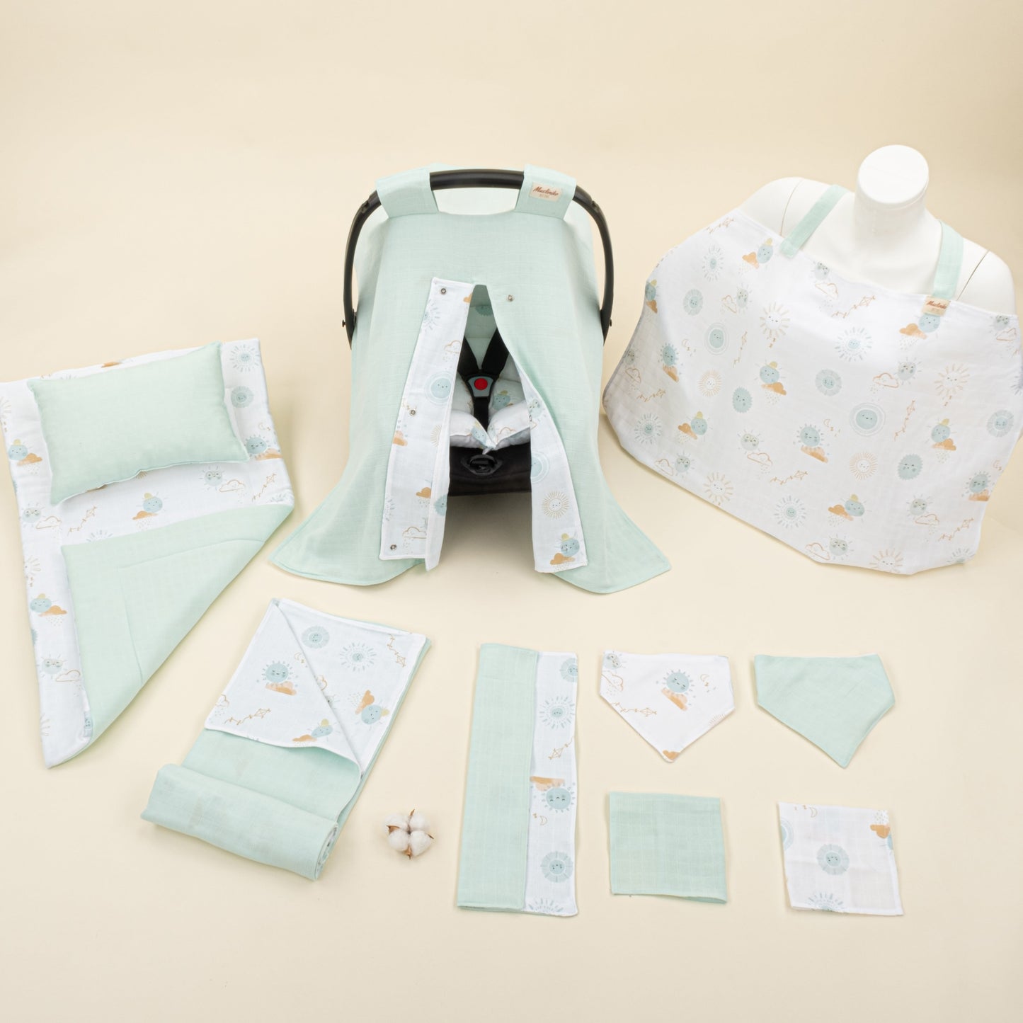 11 Piece - Newborn Sets - Double Sided - Seasonal - Su Yeşili Muslin - Su Yeşili Güneş