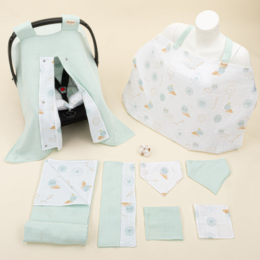 9 Piece - Newborn Sets - Double Sided - Seasonal - Su Yeşili Muslin - Su Yeşili Güneş