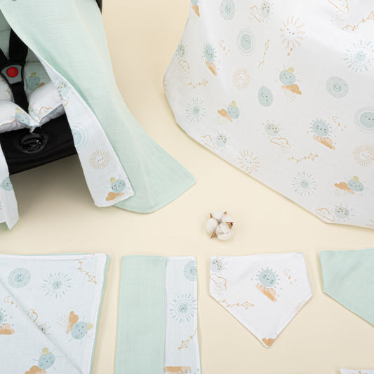 9 Piece - Newborn Sets - Double Sided - Seasonal - Su Yeşili Muslin - Su Yeşili Güneş