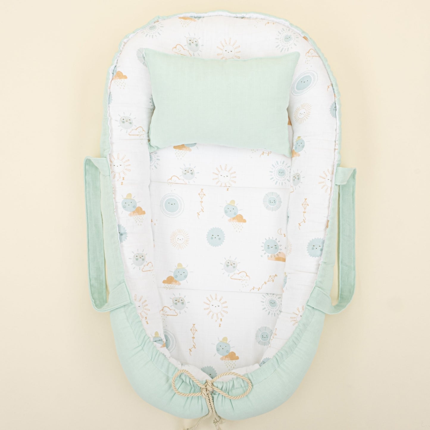 Babynest and Pillow - Çift Taraflı - Su Yeşili Muslin - Su Yeşili Güneş