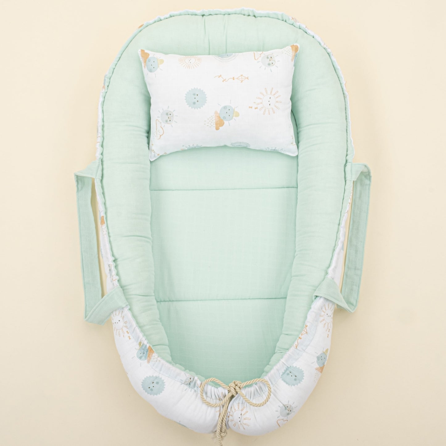 Babynest and Pillow - Çift Taraflı - Su Yeşili Muslin - Su Yeşili Güneş