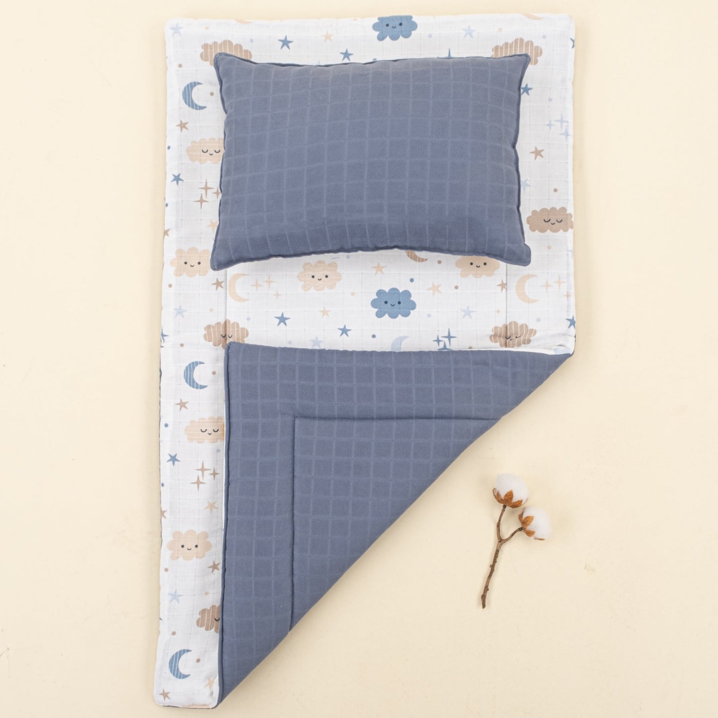 Double Sided Changing Pad and Pillow - İndigo Muslin - Mavi Bulut