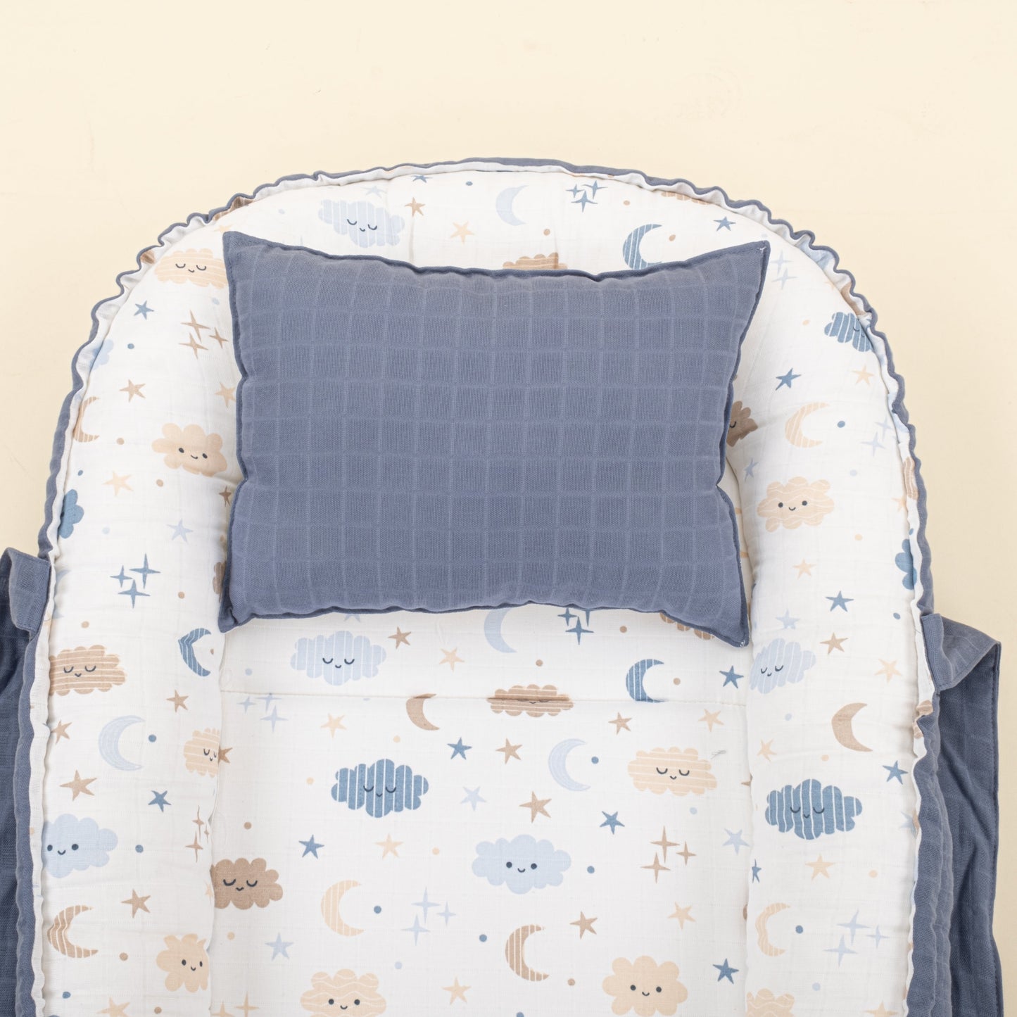 Babynest and Pillow - Çift Taraflı - İndigo Muslin - Mavi Bulut