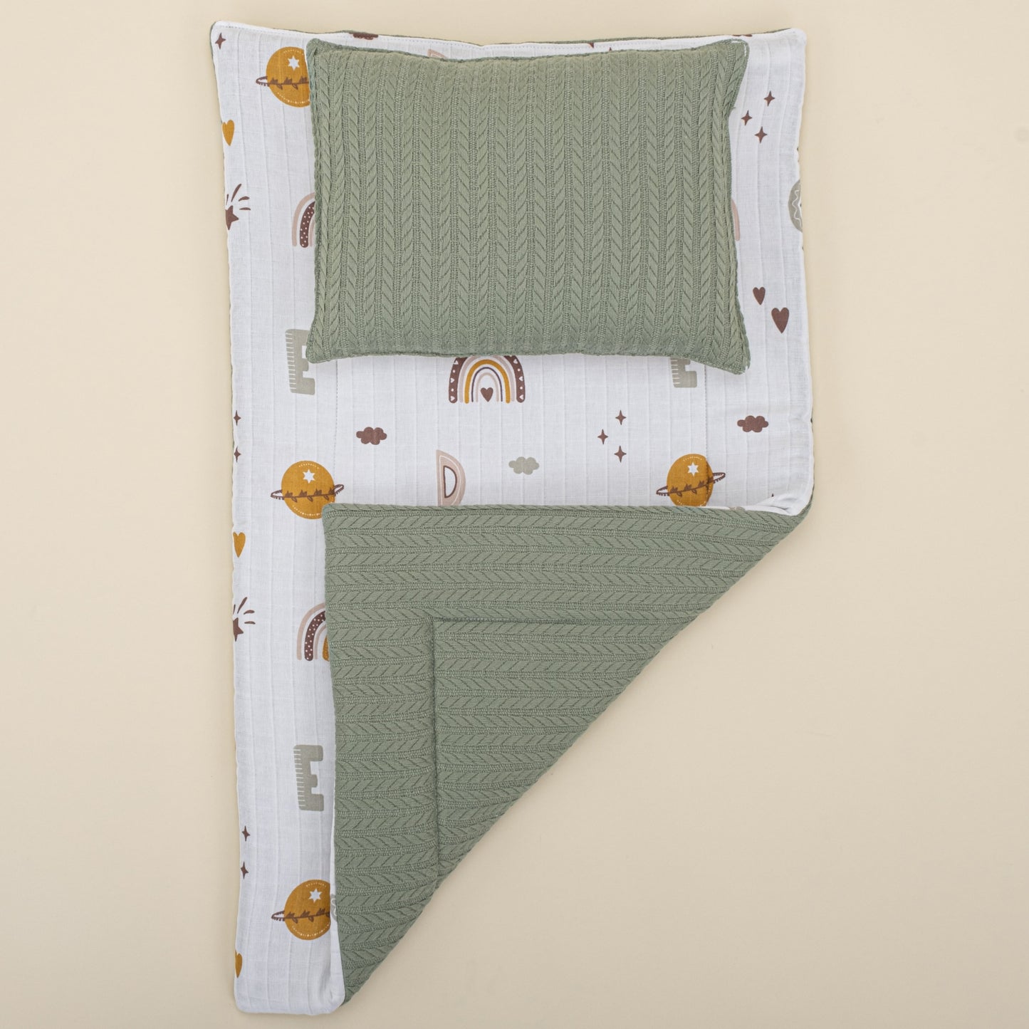 Double Sided Changing Pad and Pillow - Koyu Yeşil Örgü - Galaksi ve Harfler