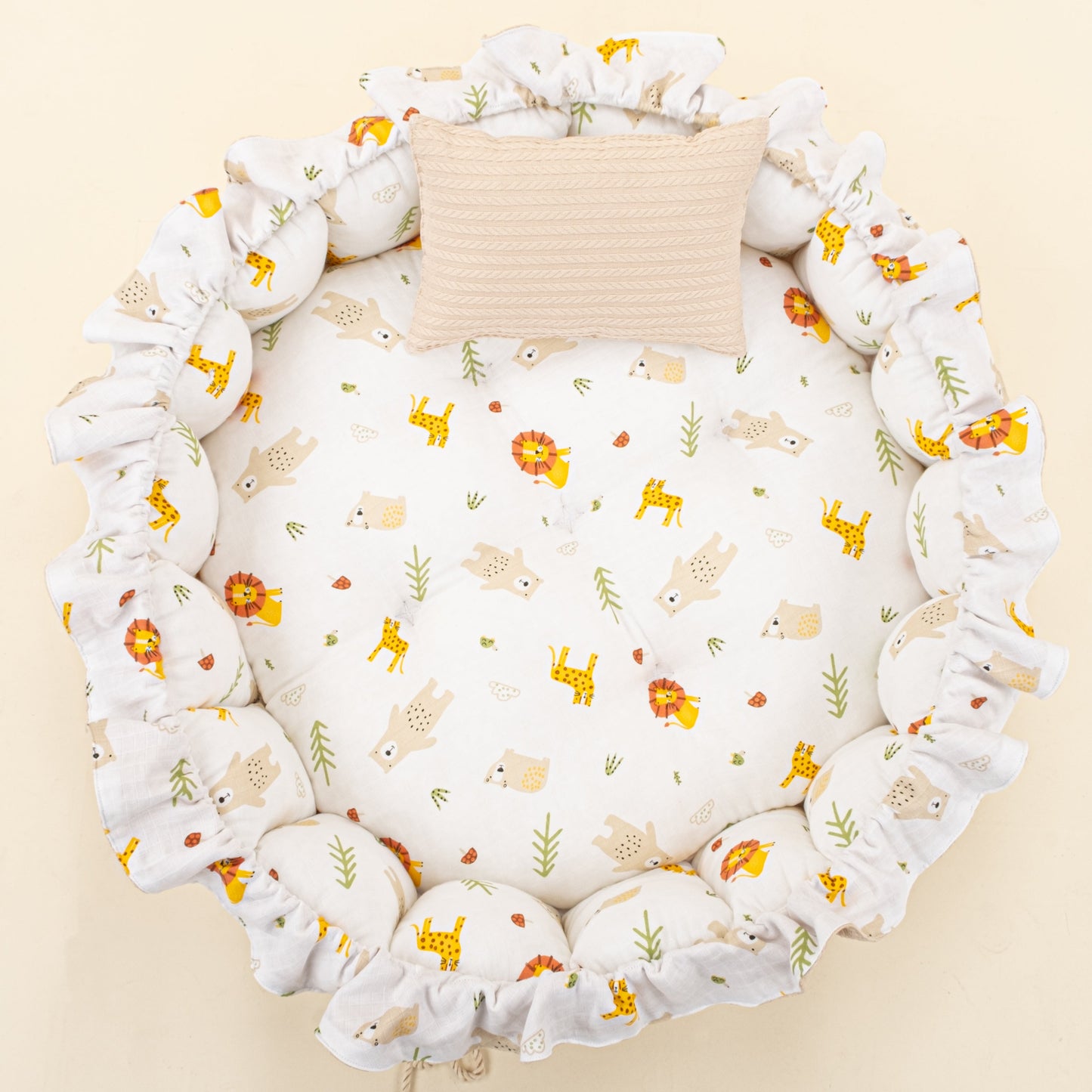 Round Babynest and Pillow - Çift Taraflı - Sütlü Kahve Örgü - Aslan