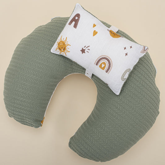 Double Sided Breastfeeding Pillow - Koyu Yeşil Örgü - Galaksi ve Harfler