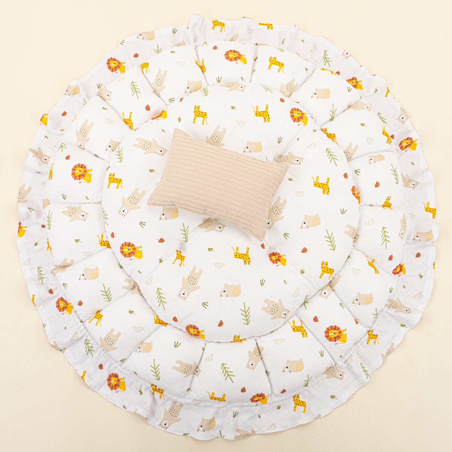 Round Babynest and Pillow - Çift Taraflı - Sütlü Kahve Örgü - Aslan