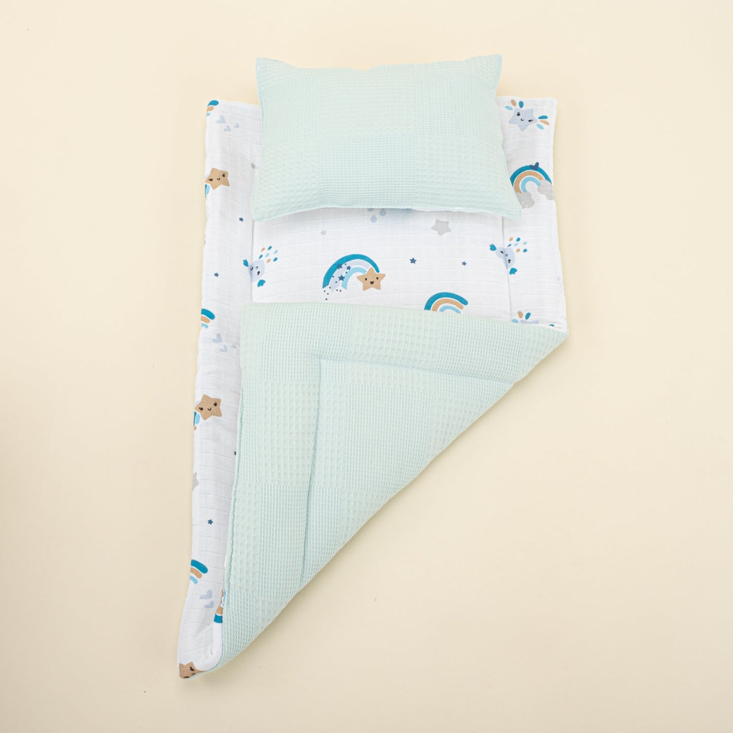 Double Sided Changing Pad and Pillow - Turkuaz Waffle - Mavi Gökkuşağı