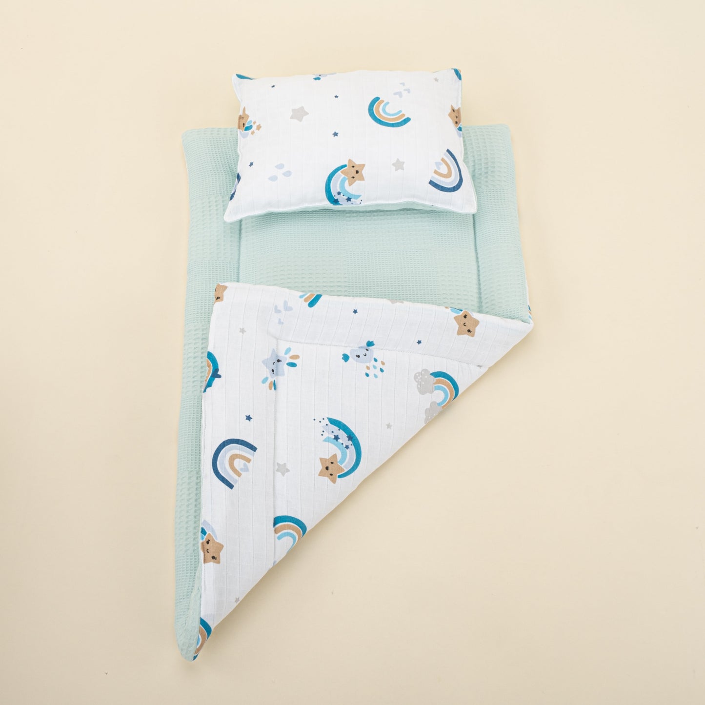 Double Sided Changing Pad and Pillow - Turkuaz Waffle - Mavi Gökkuşağı