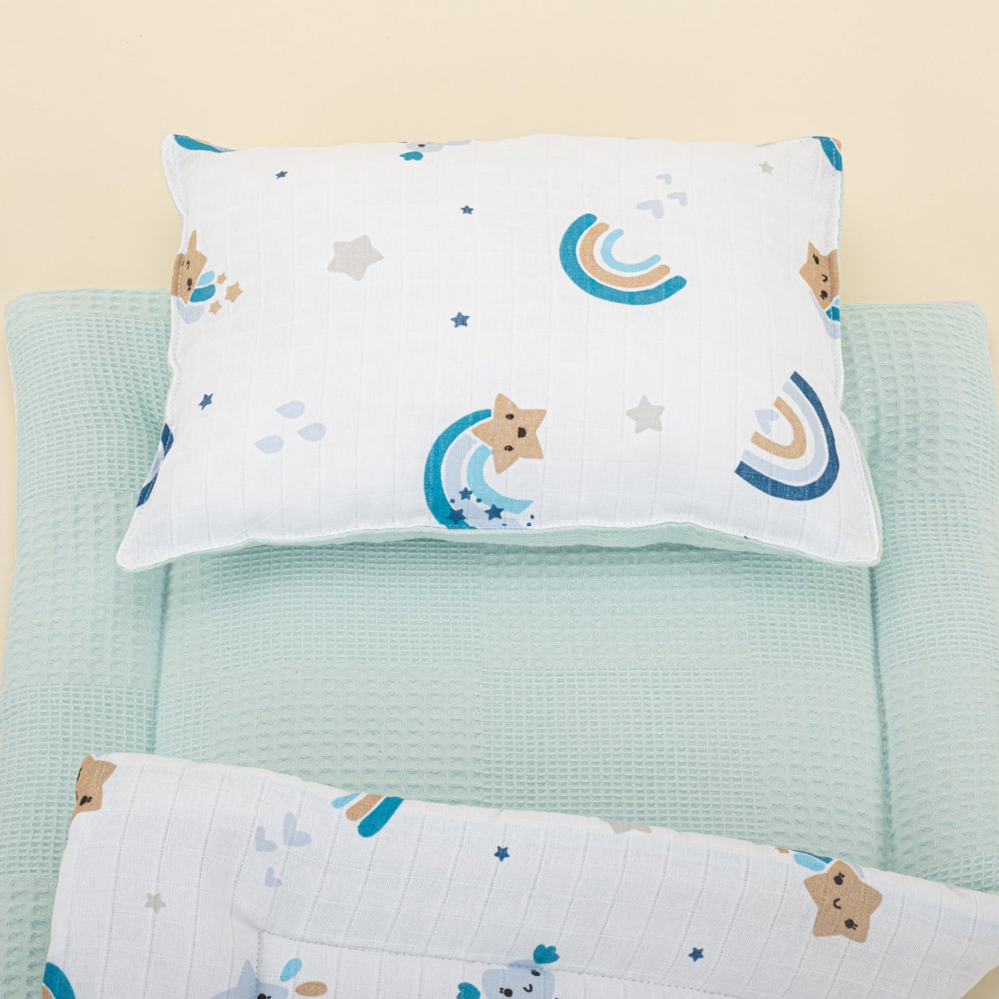 Double Sided Changing Pad and Pillow - Turkuaz Waffle - Mavi Gökkuşağı