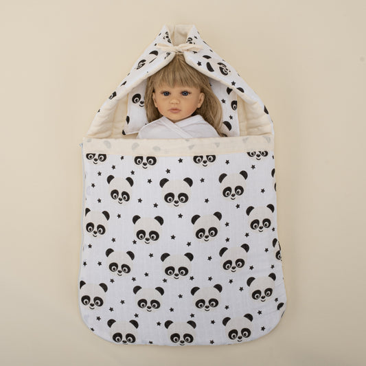 Sleeping Bag and Pillow - Krem Muslin - Panda