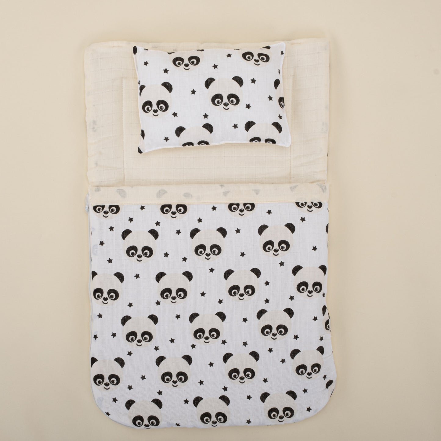 Sleeping Bag and Pillow - Krem Muslin - Panda