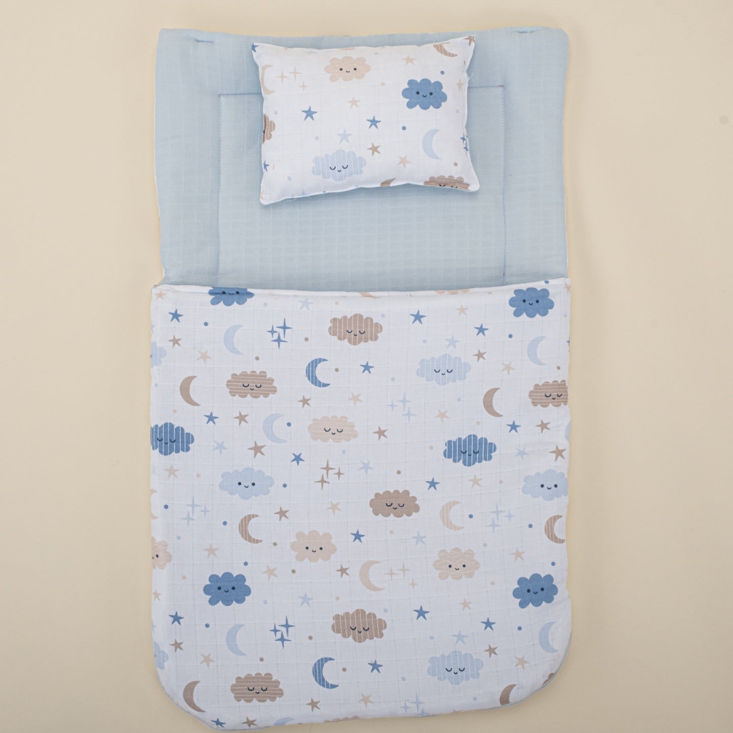 Sleeping Bag and Pillow - Bebe Mavi Muslin - Mavi Bulut