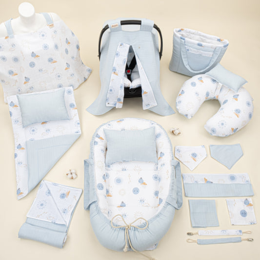 18 Piece Full Set - Double Sided - Bebe Mavi Muslin - Mavi Güneş