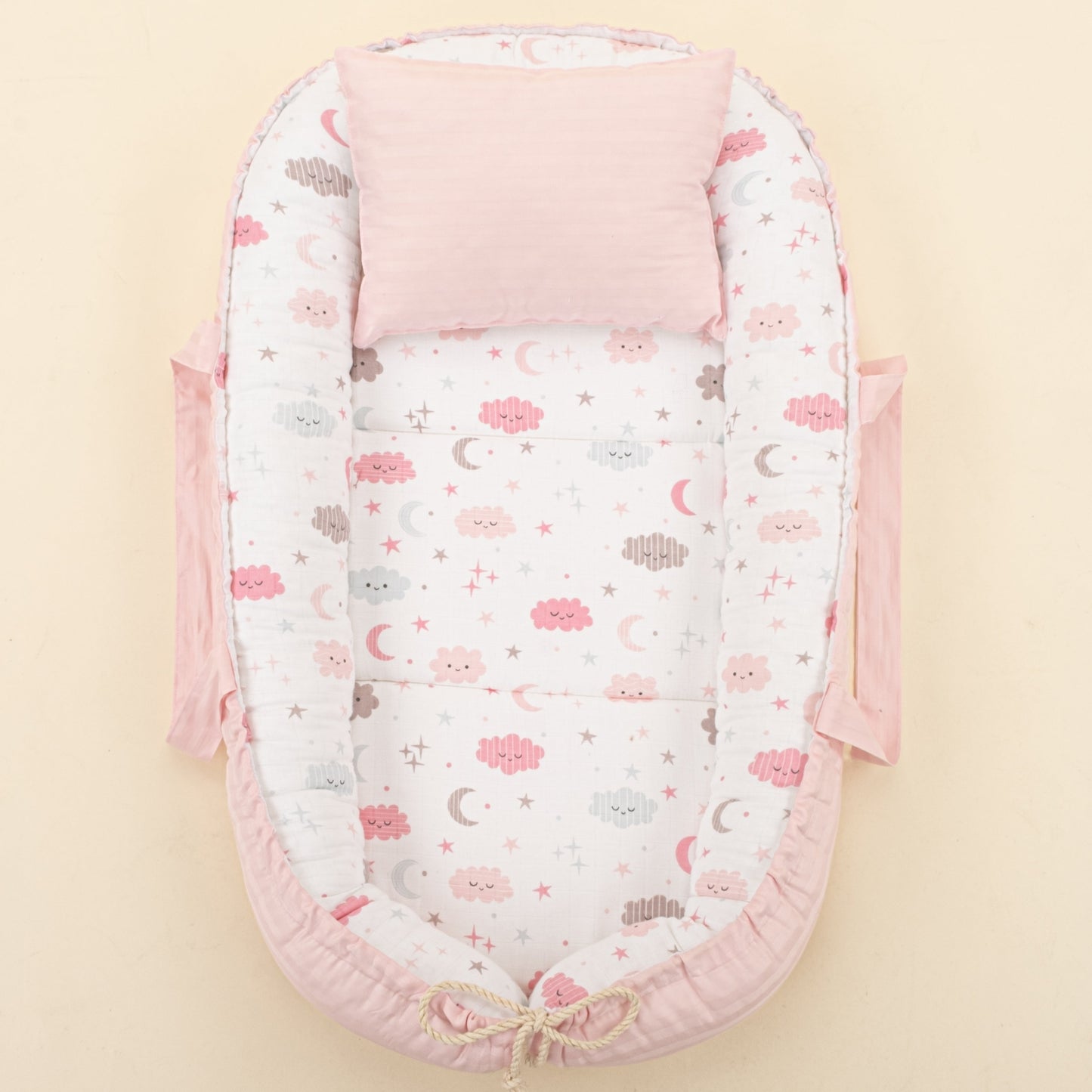 Babynest and Pillow - Çift Taraflı - Pembe Saten - Pembe Bulut