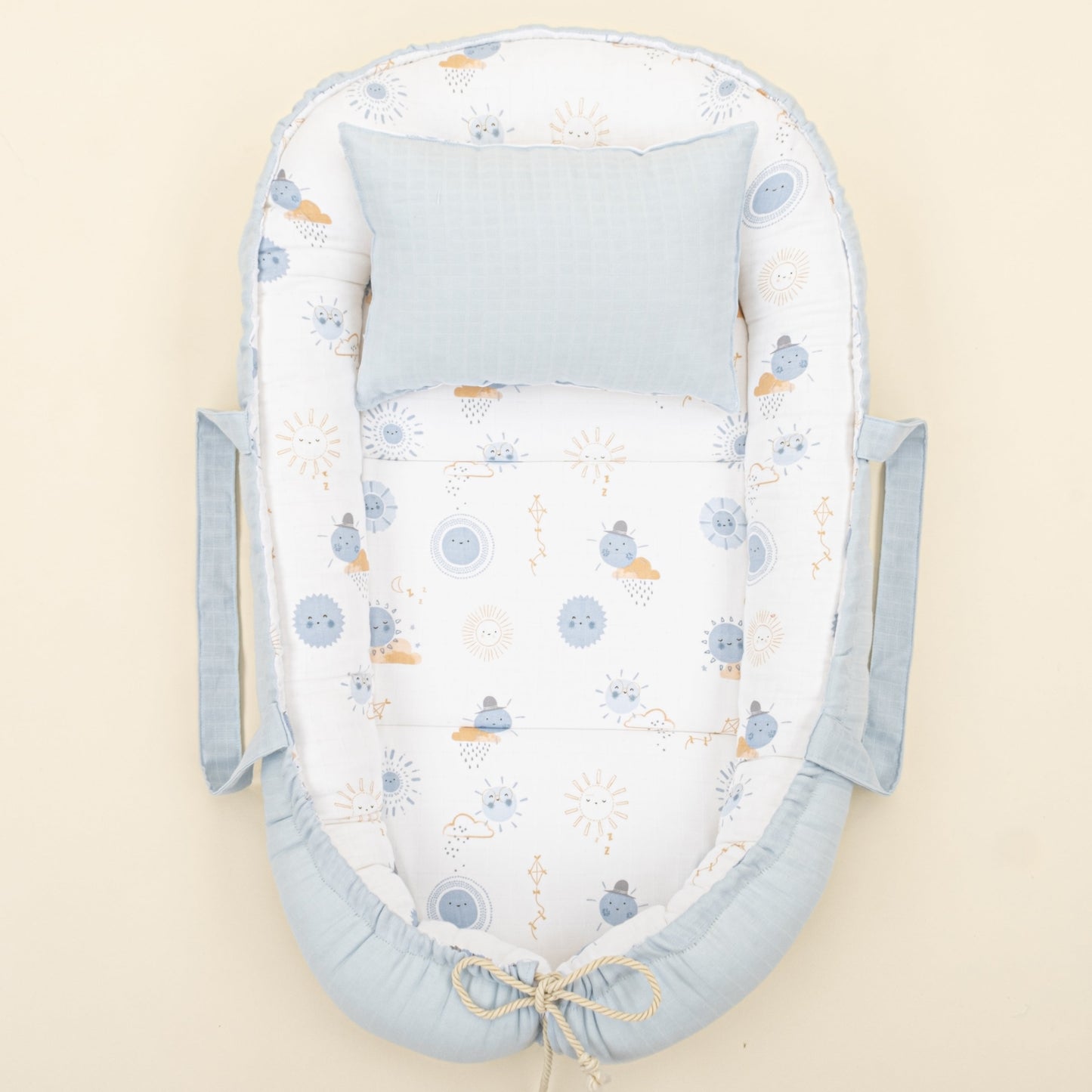 Babynest and Pillow - Çift Taraflı - Bebe Mavi Muslin - Mavi Güneş