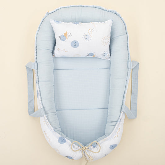 Babynest and Pillow - Çift Taraflı - Bebe Mavi Muslin - Mavi Güneş