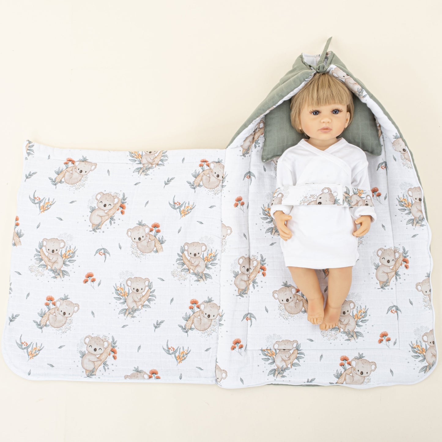 Sleeping Bag and Pillow - Haki Muslin - Koala