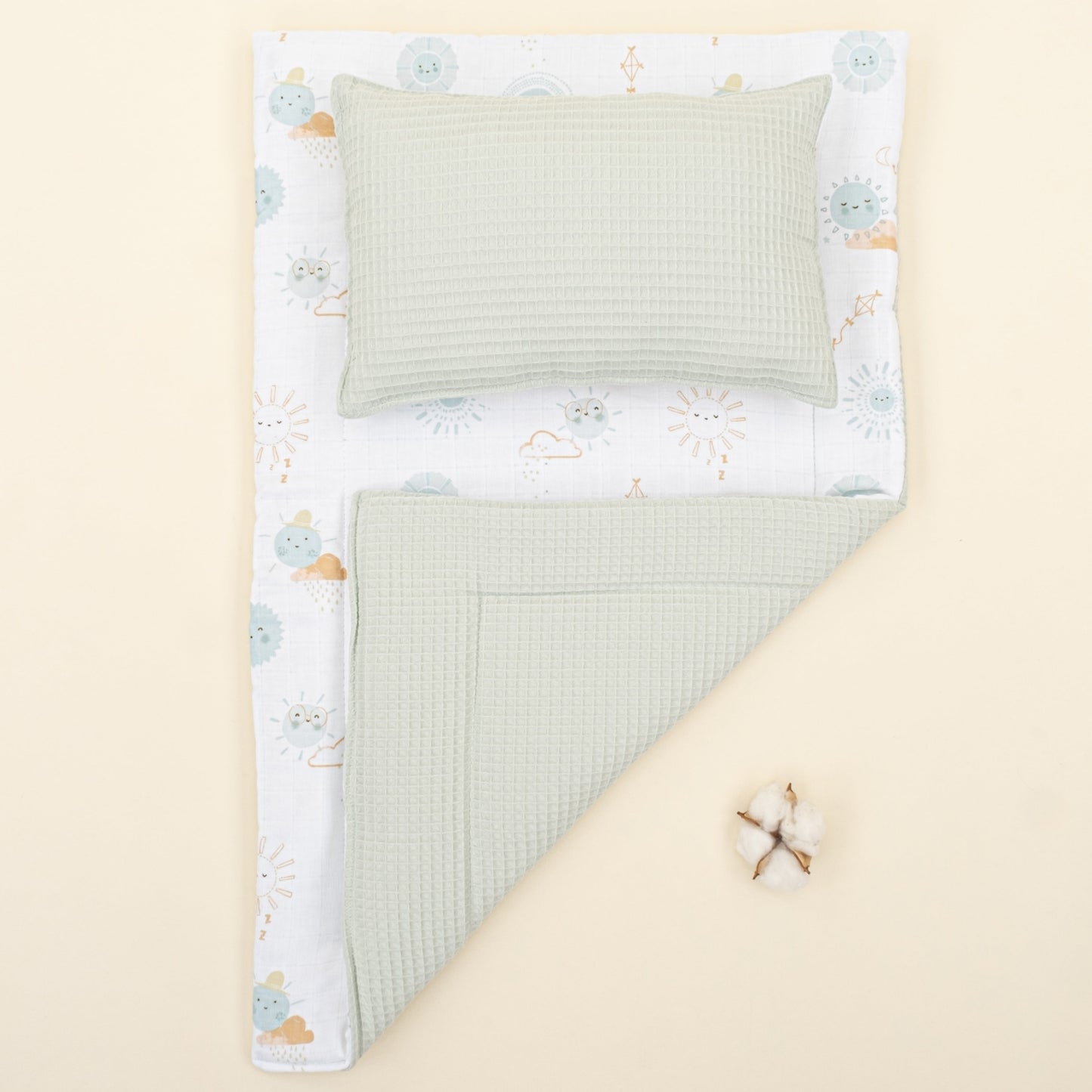 Double Sided Changing Pad and Pillow - Açık Yeşil Petek - Su Yeşili Güneş